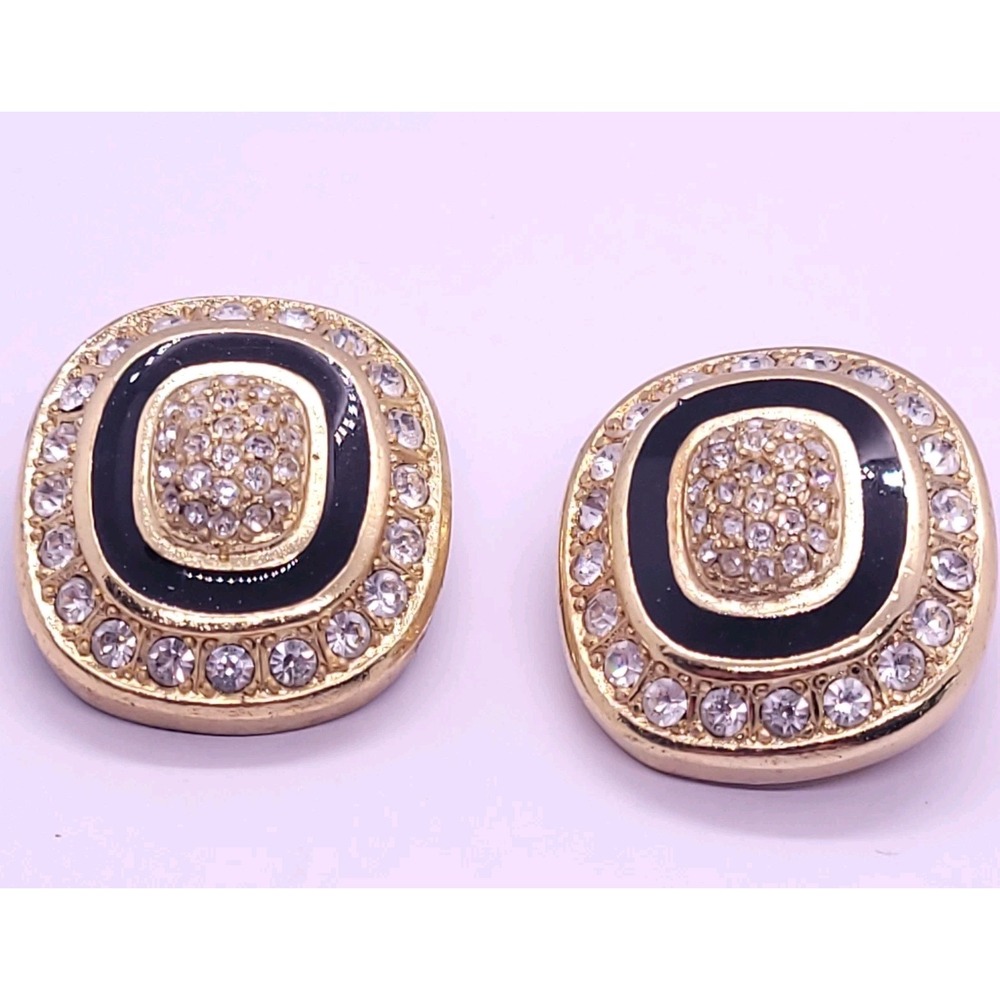 Vintage Christian Dior Black Enamel Rhinestone Clip-On Earrings Signed